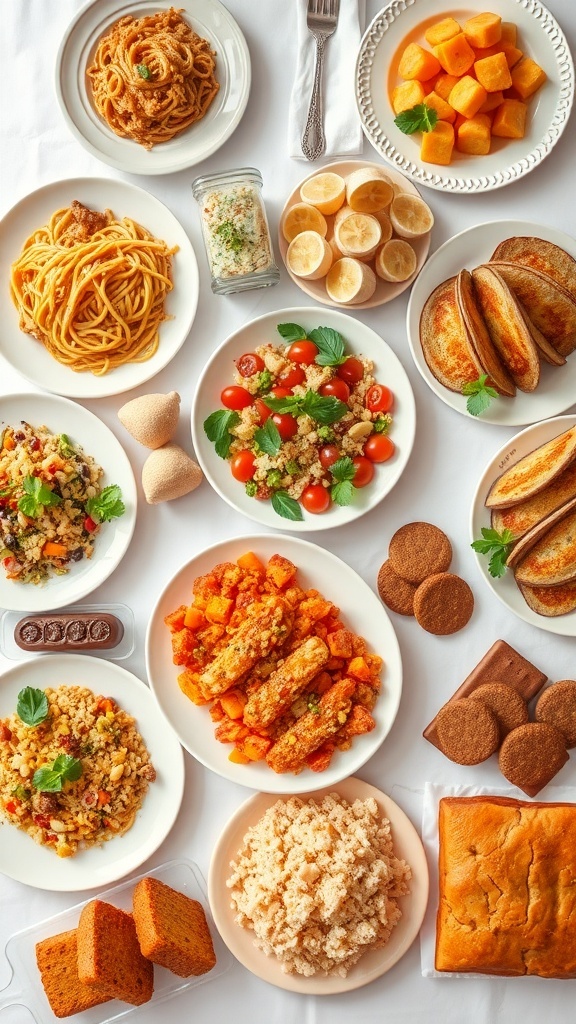 A colorful spread of various delicious recipes including pasta, salad, tacos, and desserts on a rustic wooden table.